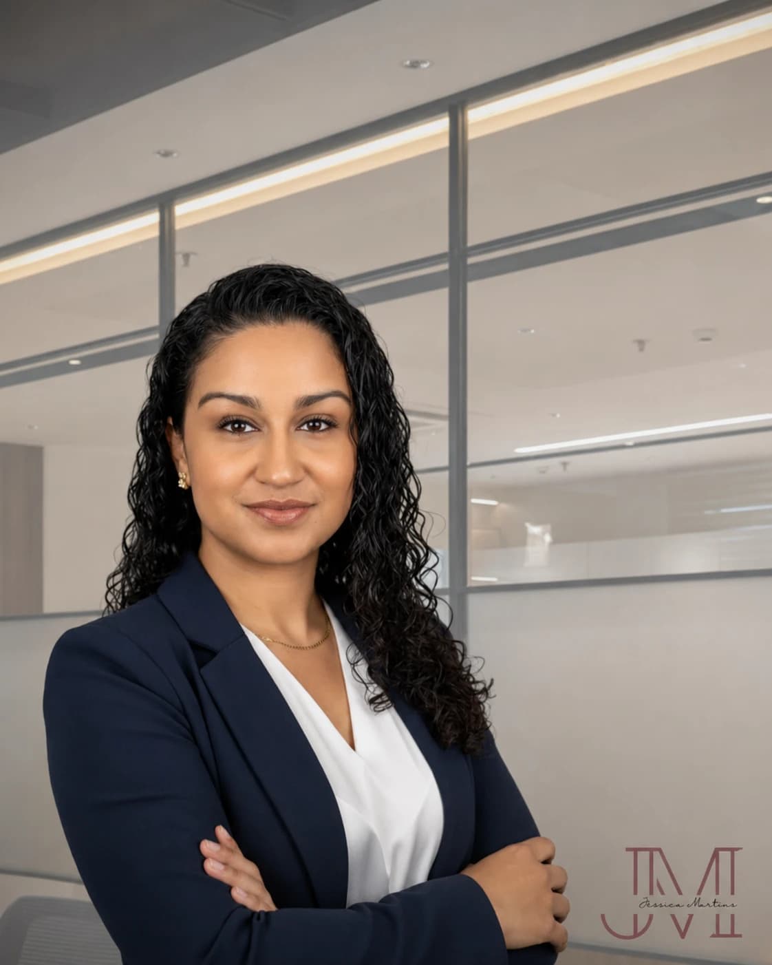 Jessica Martins, consultora financeira especialista em MEI, de blazer azul marinho e braços cruzados, em um escritório.